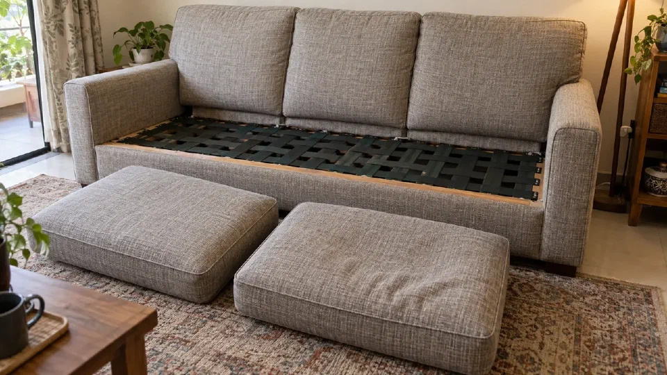 A sofa with removable cushions set aside to expose the support below