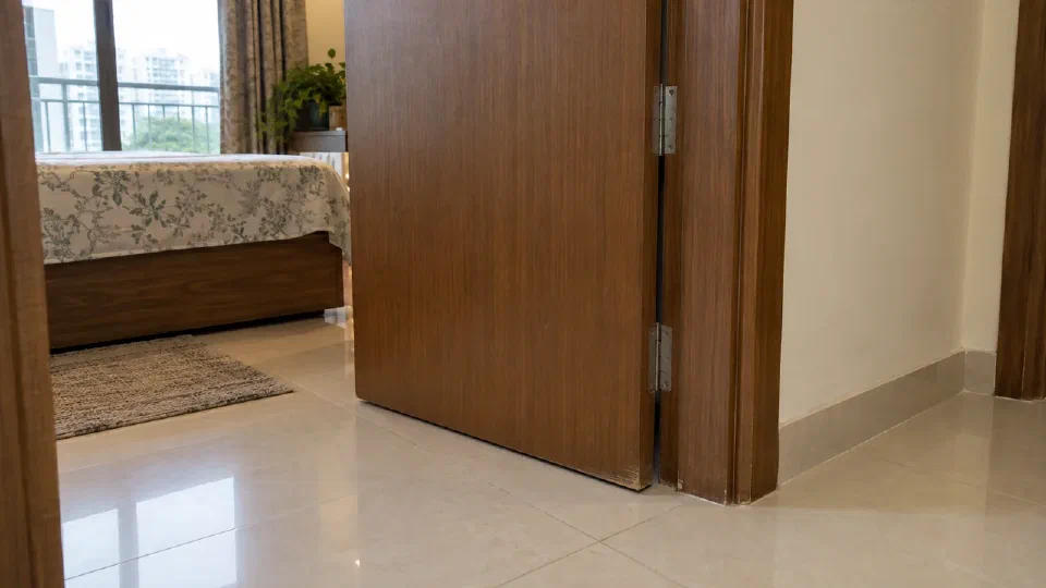 A modest apartment door with a visible but subtle contact condition near the finished floor
