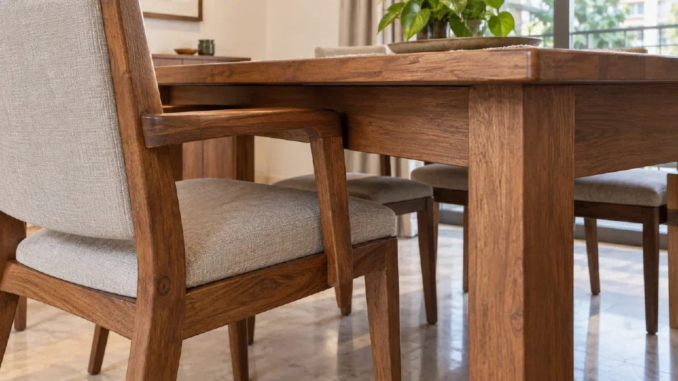 Dining chair arm meeting the table apron, illustrating an interference to check before purchase