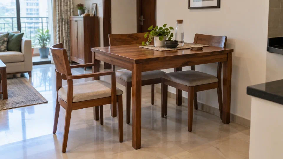 A compact dining table and chairs that visibly demonstrate arms, apron and leg clearance