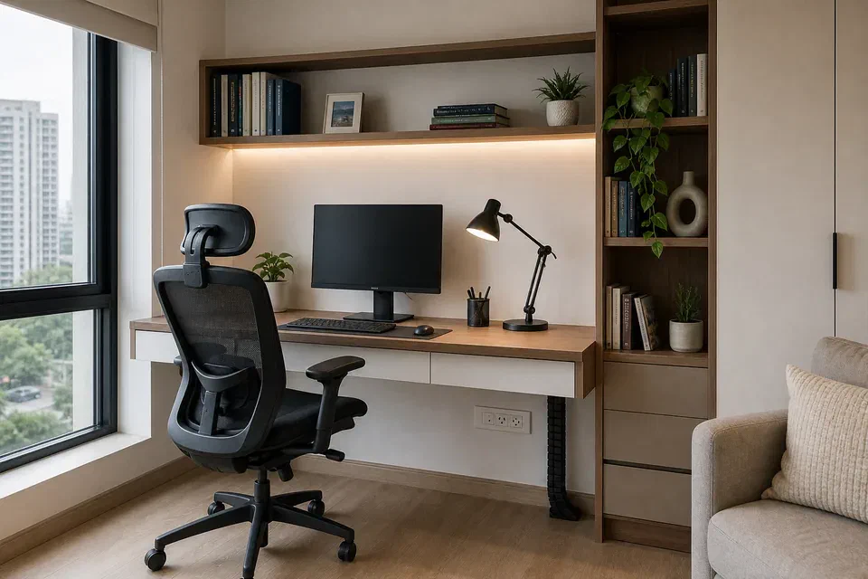 Work from home study table ergonomic visual reference for Gurgaon apartment furniture