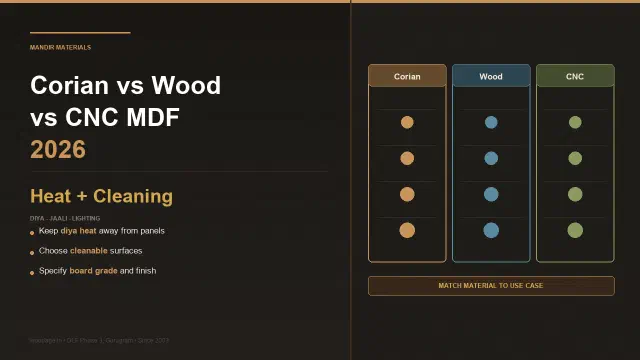 Corian vs Wood vs CNC MDF Mandir Materials