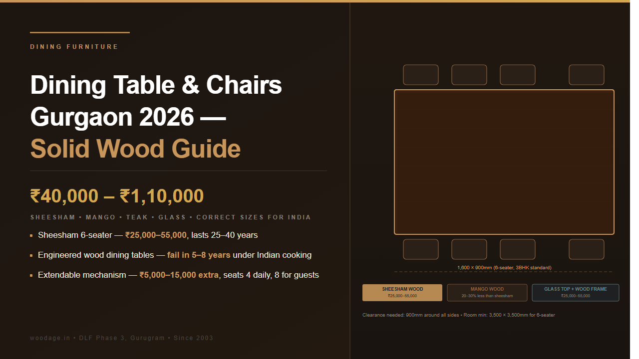 Dining Table and Chairs in Gurgaon 2026: Solid Wood vs Engineered Wood vs Glass, Sizes for Indian Families, and Factory-Direct Prices