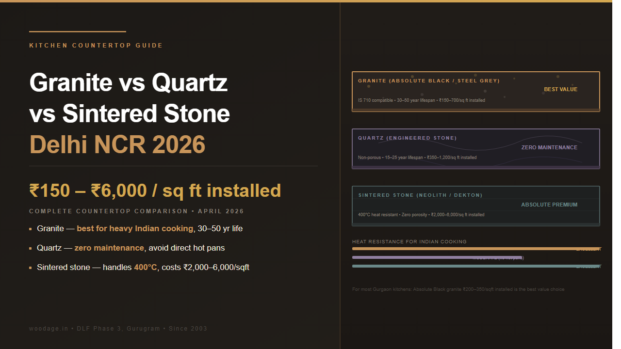 Granite vs Quartz vs Sintered Stone Countertop: Delhi NCR Kitchen Price and Performance Guide 2026