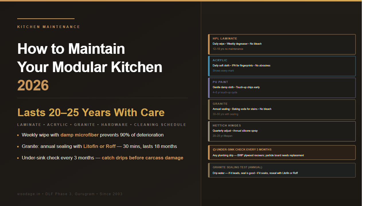 How to Maintain a Modular Kitchen: Complete Cleaning and Care Guide for Laminate, Acrylic, PU Paint, Granite and Hettich Hardware