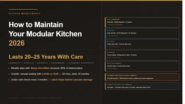 How to Maintain a Modular Kitchen: Complete Cleaning and Care Guide for Laminate, Acrylic, PU Paint, Granite and Hettich Hardware