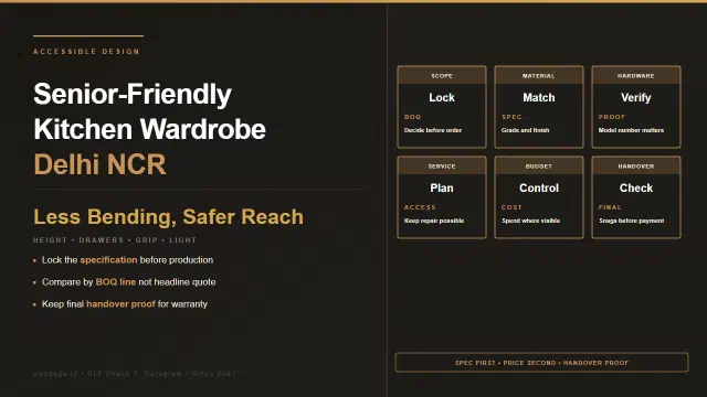 Senior-Friendly Kitchen and Wardrobe Design in Delhi NCR: Safer Storage, Better Heights and Less Bending