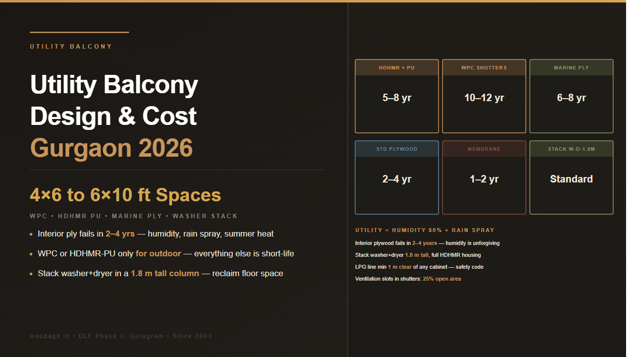 Utility Balcony Design and Cost in Gurgaon 2026: Washing Machine Cabinets, Tall Storage and Waterproof Shutters