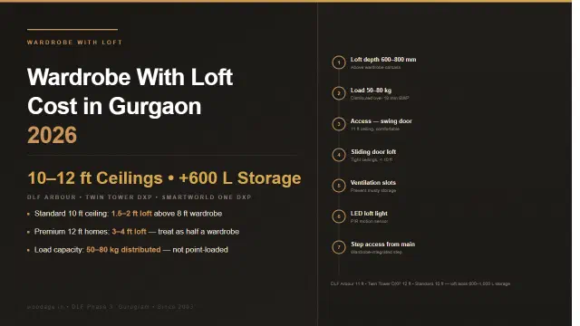 Wardrobe With Loft Cost in Gurgaon 2026: High-Ceiling Storage, Loft Safety, Internal Layout for 10 to 12 ft Ceilings
