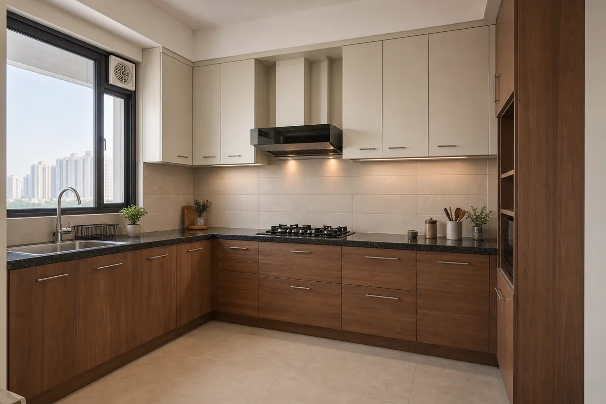 Design visualization of the L-shaped modular kitchen layout described for the Dwarka Expressway 3BHK