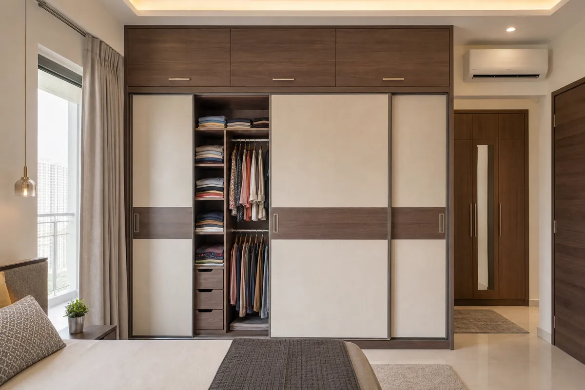 Design visualization of a full-height bedroom wardrobe for the Dwarka Expressway 3BHK
