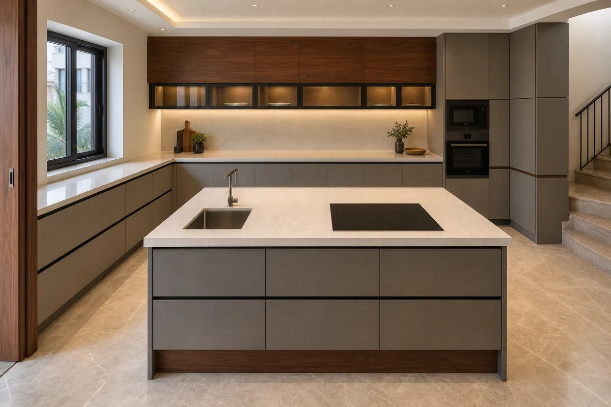Design visualization of an island kitchen with one sink and one induction hob in a Gurugram builder floor