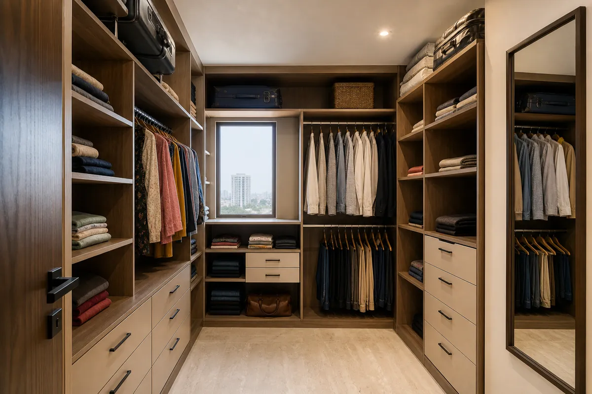 Design visualization of a three-wall open modular walk-in wardrobe in a Gurugram builder floor