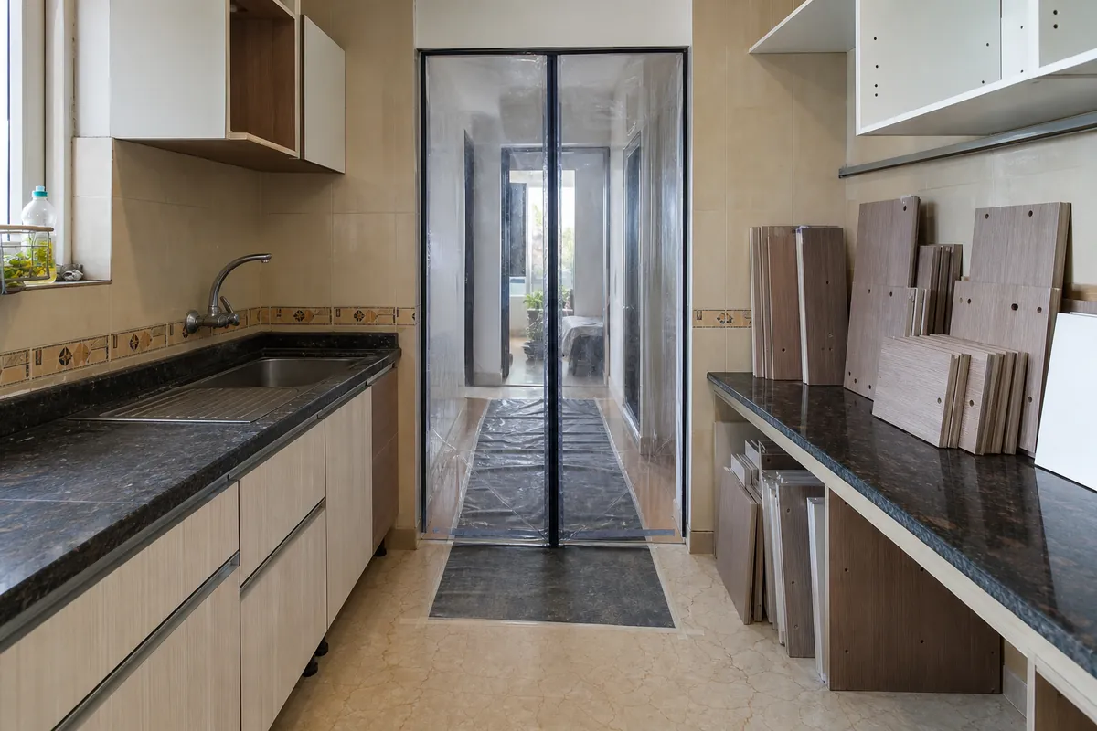 Design visualization of a dust-controlled modular kitchen replacement in an occupied Sohna Road apartment