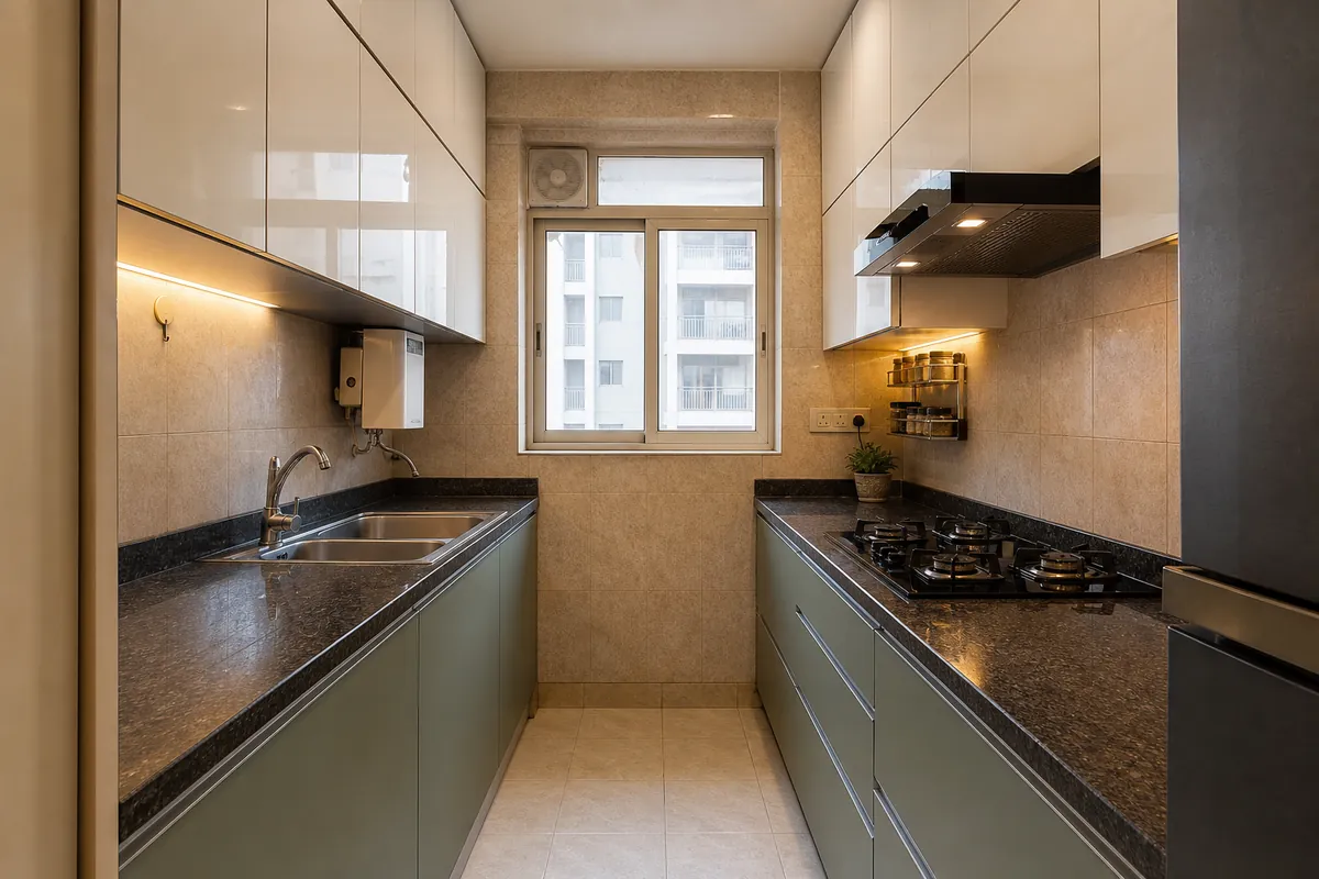Design visualization of the compact parallel kitchen described for the Sohna Road renovation