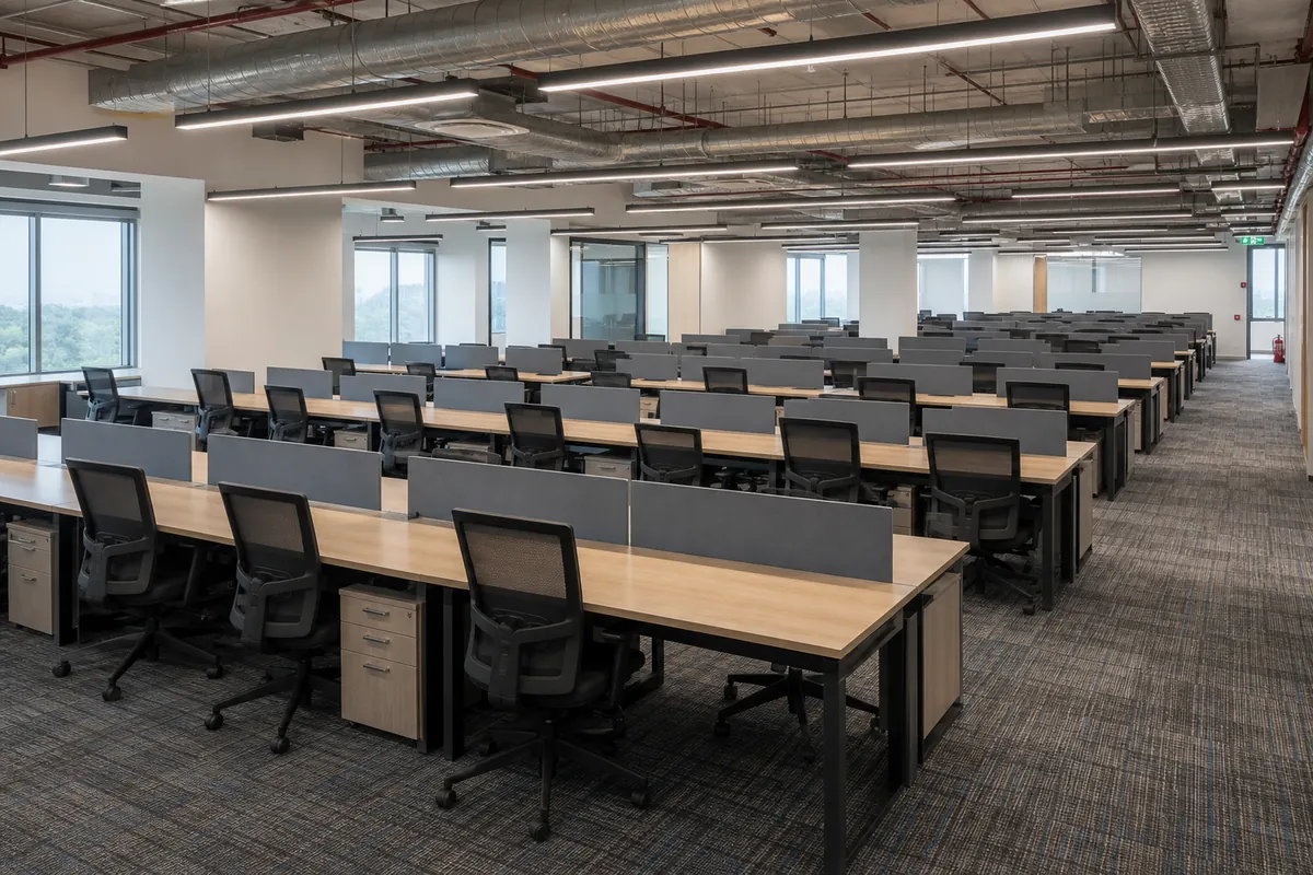 Design visualization of a back-to-back workstation layout for the Udyog Vihar office.