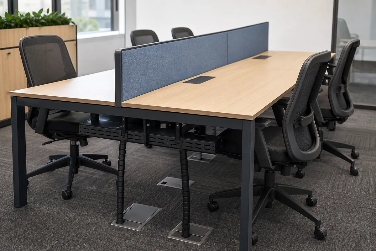 Close design visualization of workstation flip-top access and a continuous cable-management spine